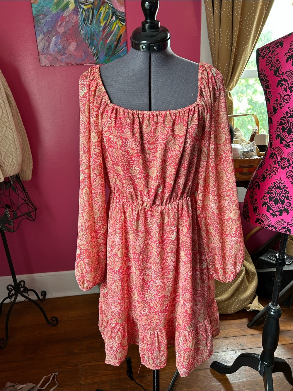 Banana Republic Coral Pink Floral Long-Sleeve Tiered Dress